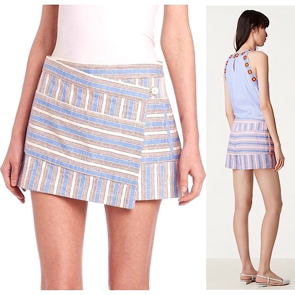 TORY BURCH Multi Stripe Print Slubbed Cotton Stretch Twill High Rise Skort 10